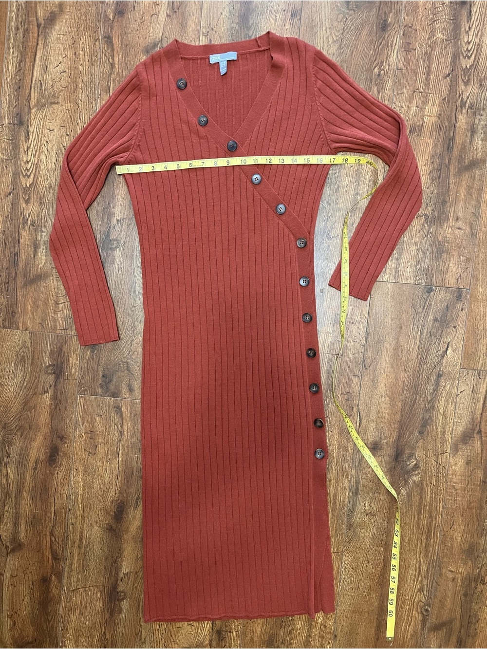 ASOS Rust Ribbed Button-Trim Long Sleeve Midi Dress - Picture 8 of 9